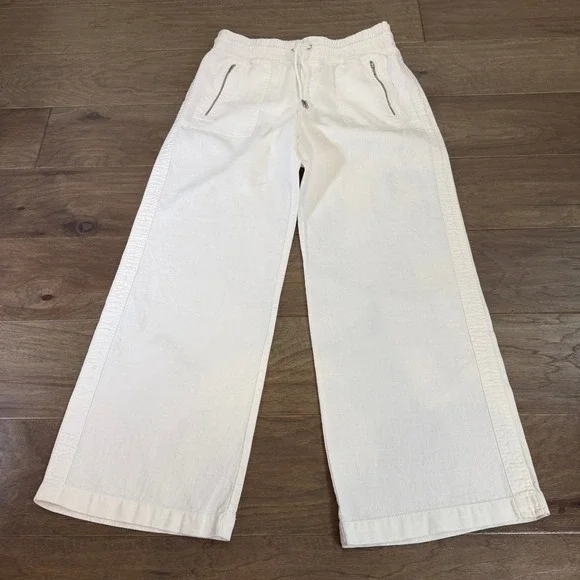 Athleta Cabo‎ Linen Wide Leg Pants Elastic Waist Drawstring Zip Pockets Size 6 - Picture 2 of 9